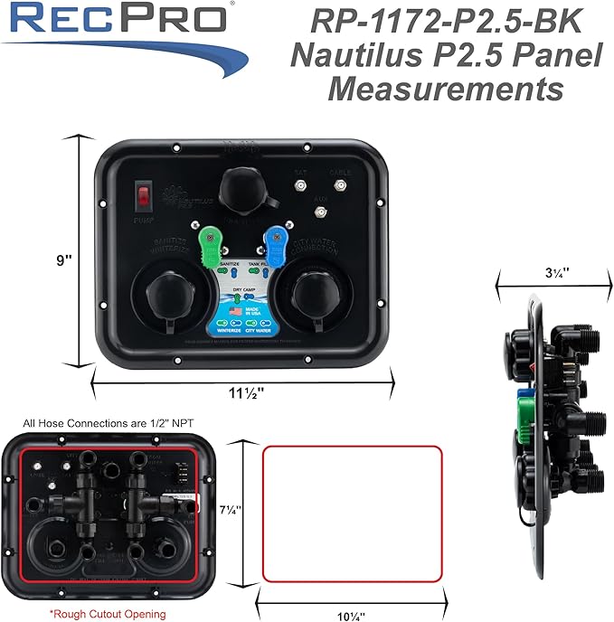 RecPro RV Water Management Panel | Nautilus P2.5 | 7-Function City-Water Fill | Made in America (Black, Include Install Kit)
