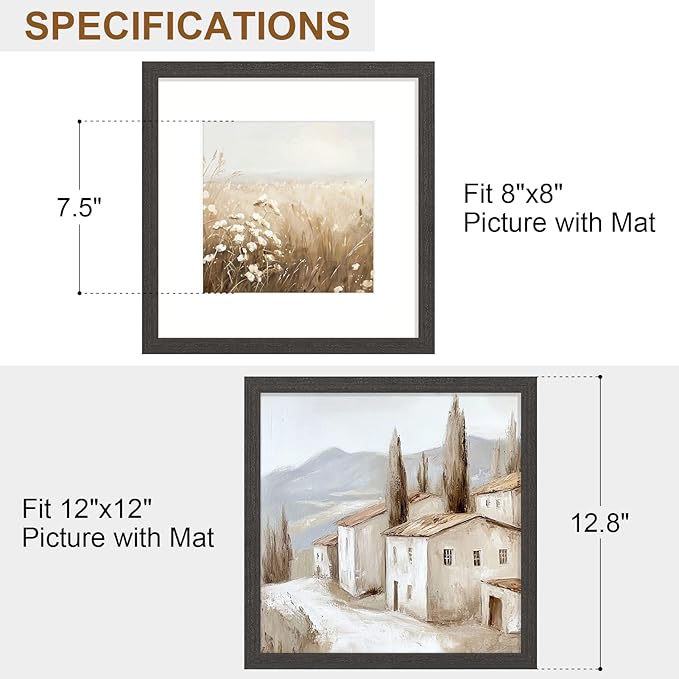 Vittanly 12x12 Picture Frame Set of 2, Solid Wood Frame for Wall Art Photo and Prints, Display Photo 8x8 with Mat or 12x12 without Mat, Black