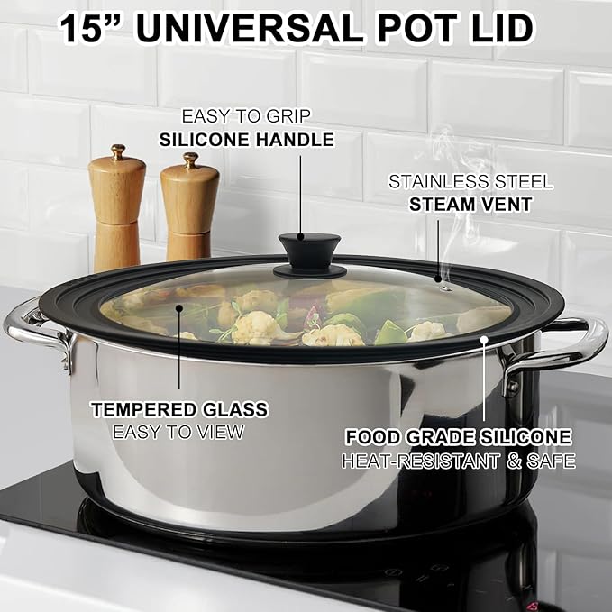 15 Inch Universal Pan Lid, Heat Resistant Frying Pan Lid, Silicone & Tempered Glass Lid for 13-15 Inch Pots and Pans