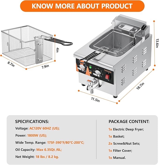 TANGME Deep Fryer with Drain Valve System, 1800w Countertop Electric Fryer 10.7Q/10L Stainless Steel Oil Fryer with Basket,Temp & Time Control