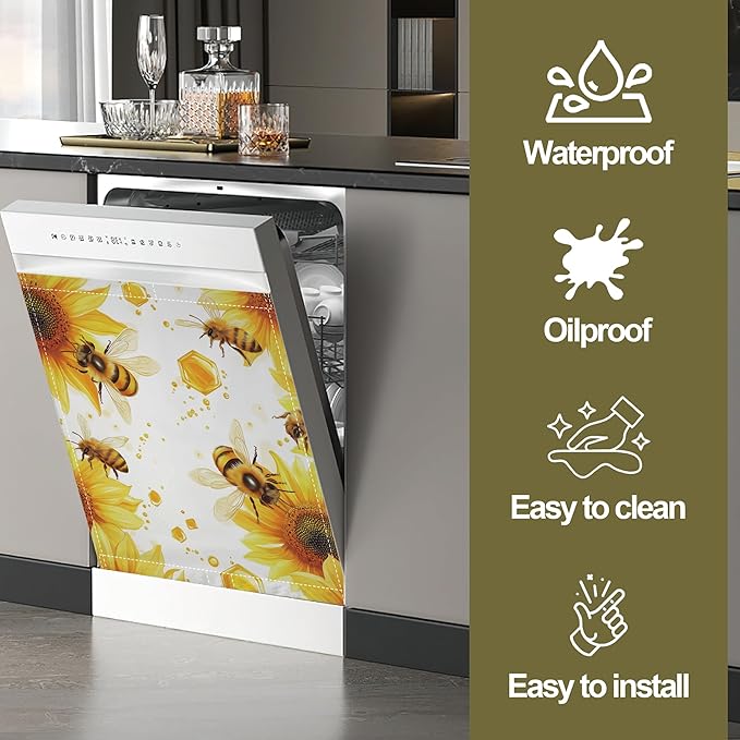 Bees Flying Dishwasher Magnets Decorative Cover,Sunflowers Magnet Fridge Panel Decal for Home Kitchen Decor,23x26 in