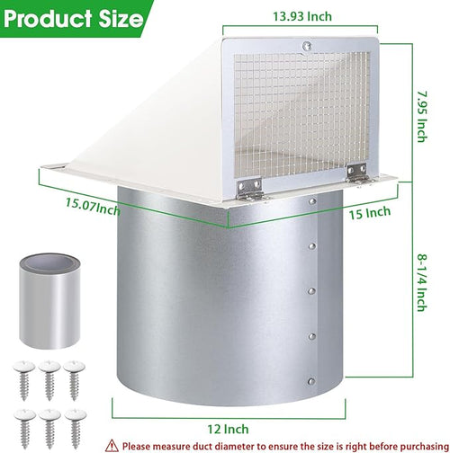 12 Inch Hooded Wall Vent with Screen and Damper,Outdoor Wall Exhaust Cover Cap Dryer Vent Cover for Duct HVAC Dryer AC Range Hood Exterior Cooling Ventilation and Outside Air Exhaust,Galvanized Steel