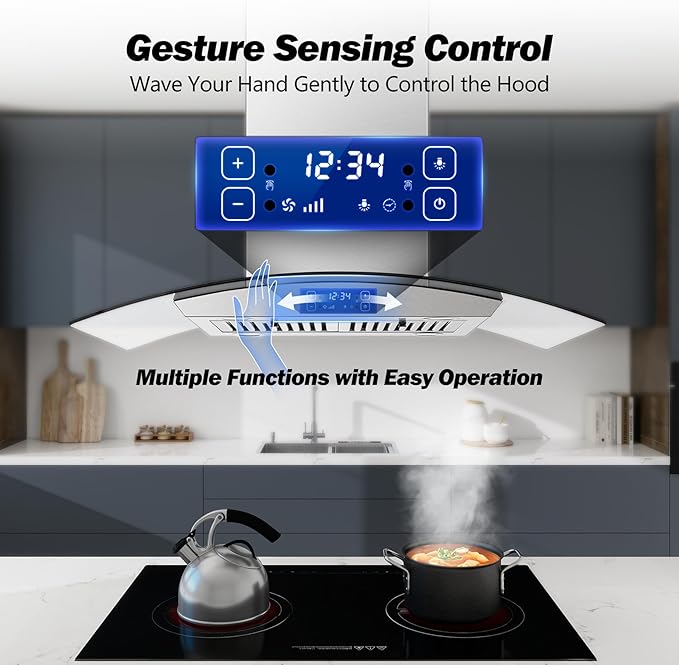 Island Range Hood 36 inch 700 CFM Ceiling Mount Kitchen Stove Hood Ducted with Tempered Glass 4 LED Lights Touch Control 3 Speed Fan Permanent Filters