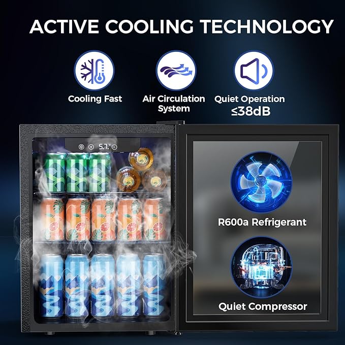 COWSAR 1.7 Cu Ft Beverage Refrigerator and Mini Fridge Cooler - 68 Can Capacity, Glass Door, Quiet Operation, LED Temperature Control, Holds 16 Wine Bottles for Bar, Home, Office