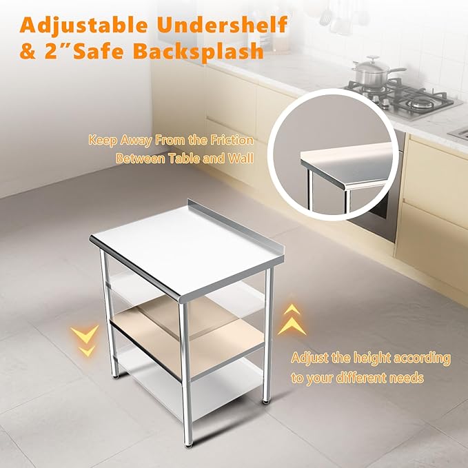 ROVSUN 30'' x 24'' Stainless Steel Table for Prep & Work,Commercial Worktables & Workstations, NSF Heavy Dut Metal Table with Adjustable UnderShelf & Backsplash for Kitchen, Restaurant,Home,Hotel