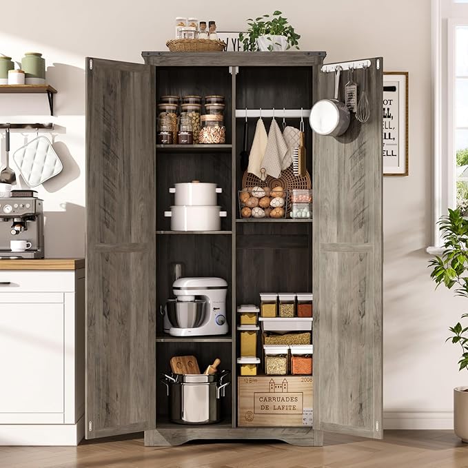 Tall Storage Cabinet with Adjustable Shelves, Farmhouse Pantry Organize with 2 Barn Doors, Large Freestanding Cabinet for Kitchen, Garage, Basement, Living, Utility Room, Grey