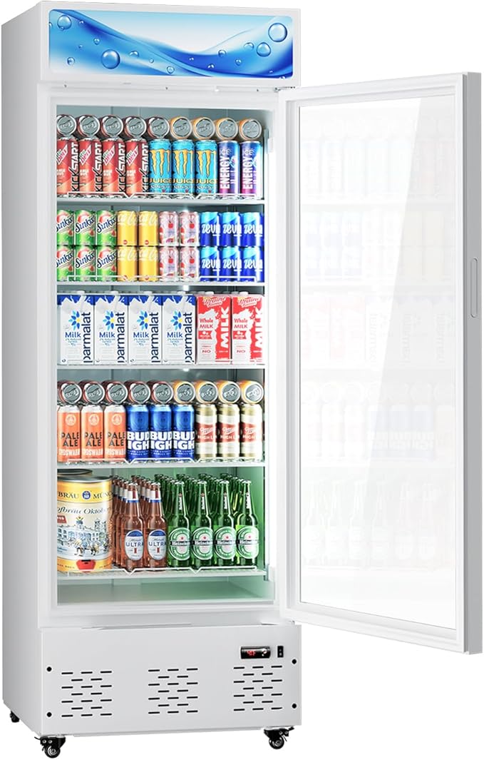 27”W Commercial Glass Door Display Refrigerator 15 Cu.ft White Cooler Beverage Bridge with LED Light and 5 Shelves for Cafe Restaurant Store Bar