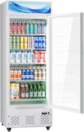 27”W Commercial Glass Door Display Refrigerator 15 Cu.ft White Cooler Beverage Bridge with LED Light and 5 Shelves for Cafe Restaurant Store Bar