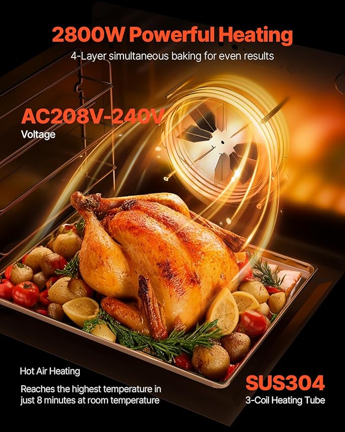 VEVOR Commercial Countertop Oven, 66L 4-Tier Toaster Ovens with Tempered Glass Door, Wire Racks & Tray, 2800W Stainless Steel Baking Ovens for Restaurant Bakery (AC208~240V,60Hz, 6-20P Plug & Outlet)