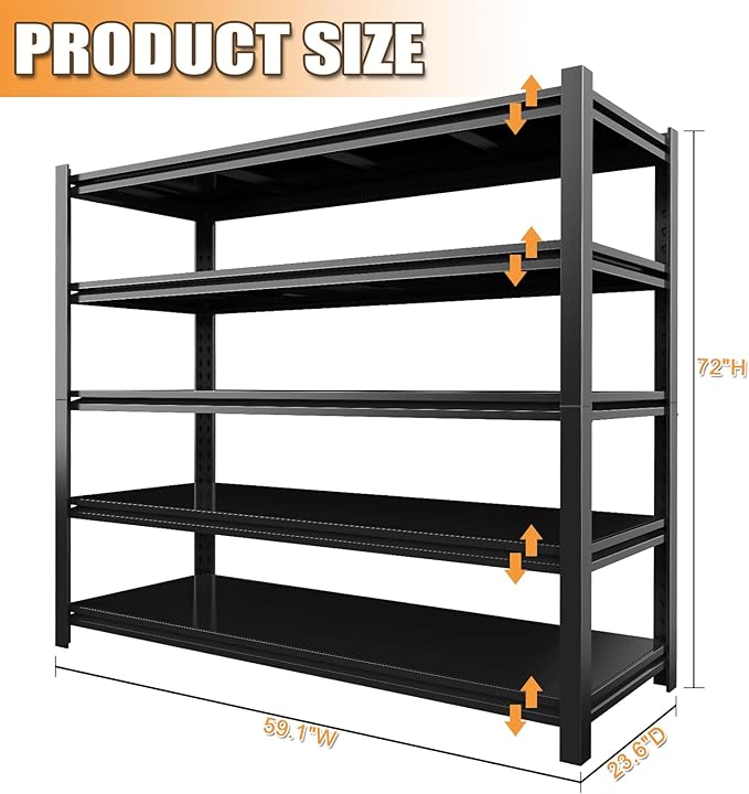 4PCS 59''W/72''H Garage Shelving Units Heavy Duty 3500LBS Metal Storage Shelves Adjustable Steel Industrial Shelving 5 Tier Storage Shelf Rack for Basement, Warehouse