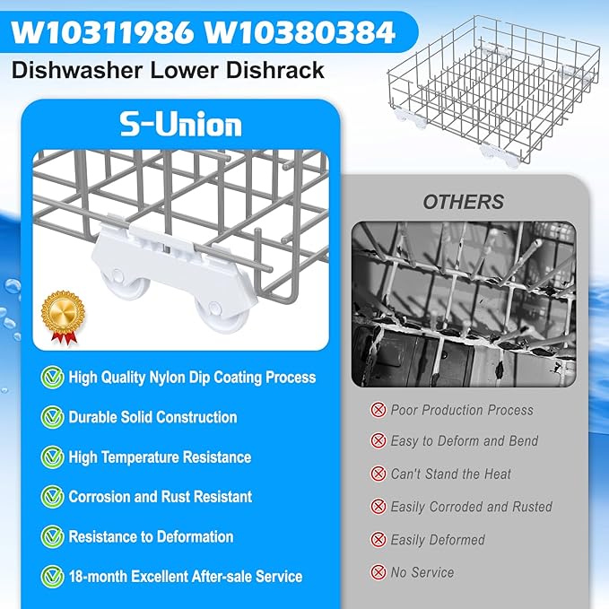 UPGRADED W10311986 W10380384 Dishwasher Lower Rack Assembly for Whirlpool Kenmore Dishwasher Rack Replacement Parts,W10311986 W11158802 Whirlpool Dishwasher Bottom Rack with Wheel Dishrack