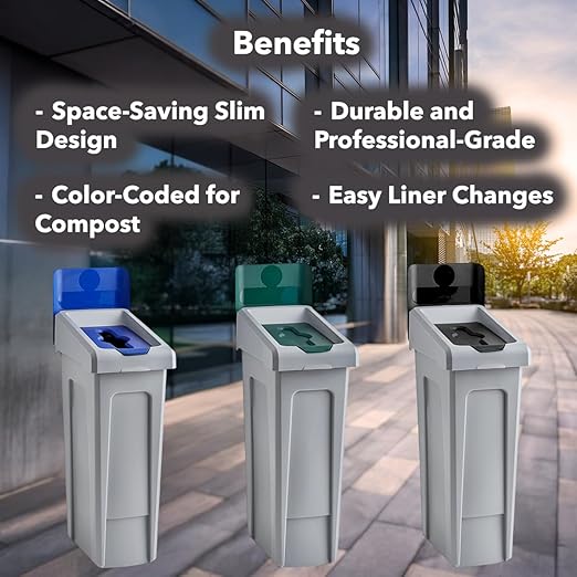 23 Gallon Mixed Recycling Bin with Hinged Lid – Slim Commercial Waste Container for Paper, Plastic, and Cans – Ideal for Offices, Cafeterias, and Schools