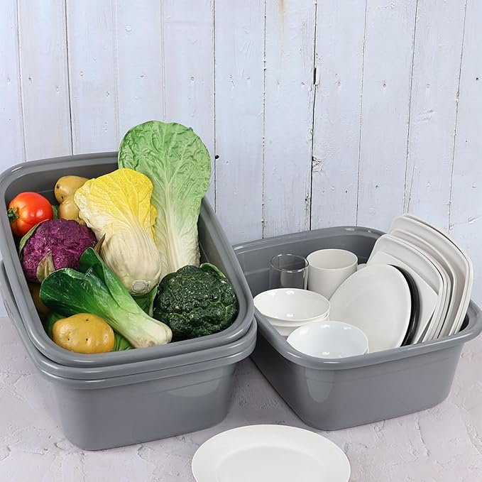 Gloreen 4-Pack 14 Quart Plastic Wash Basins, Rectangular Dishpan Wash Tub, Grey