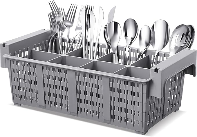 Maxdot 16inch Dishwasher Silverware Cutlery Basket 8 Compartments Washing Basket with Handle Utensil Holder Silverware Drying Rack for Kitchen Commercial(Grey)