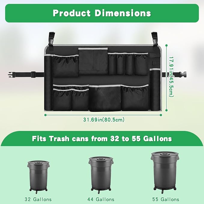 Trash Can Caddy Organizer with 10 Pockets - Cleaning Supply Holder for 32-55 Gallon Round Garbage Bins | Adjustable Strap Storage Bag for Sponges, Gloves, Spray Bottles, Cleaning Tools