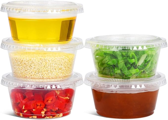 EDI Clear Disposable Plastic Portion Cups with Leakproof Lids | Jello Shot & Condiment Cups | 3.25 OZ, 100 Sets | BPA Free & Recyclable