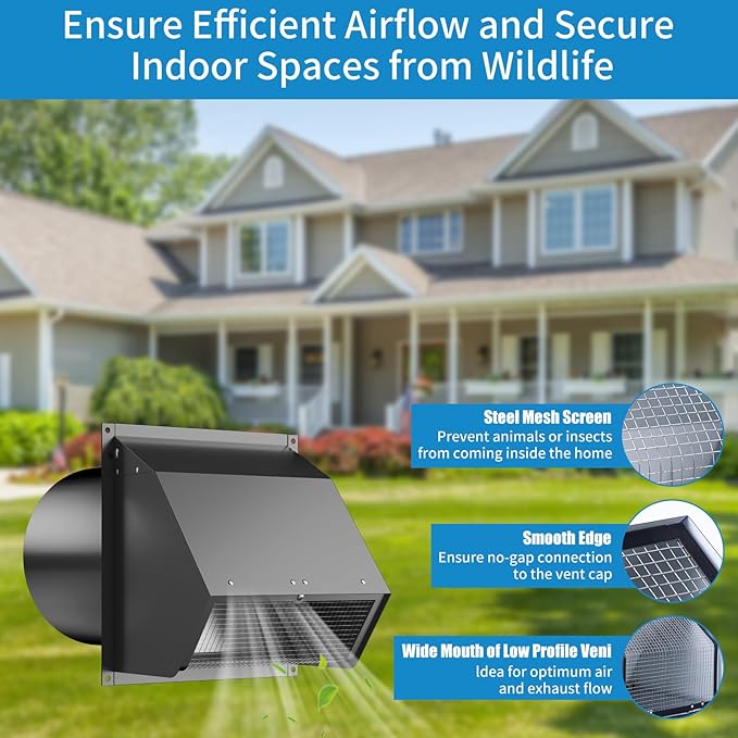 6 Inch Hooded Wall Vent with Screen and Damper,Wall Exhaust Vent Cover Cap,Dryer Vent Cover Outside,External Extractor Wall Vent Hood for House Kitchen Range Hood Air Ventilation Black