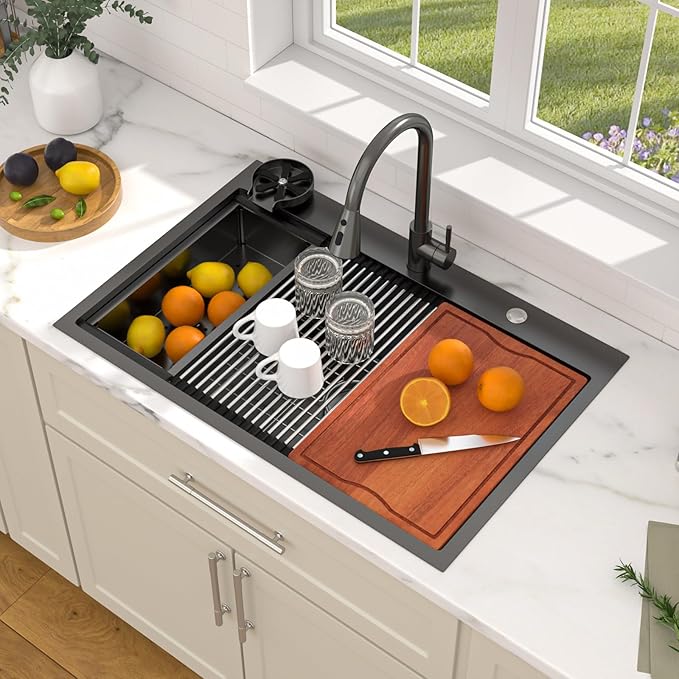 Dcolora 33 In. Black Kitchen Sink with Cup Washer, Large Single Bowl Drop In Installation, Heavy Duty 16 Gauge 304 Stainless Steel, Workstation with Valued Accessories, #DC-T2533001BWS 33"x22"x10"