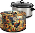 Rooster Sunflower Pumpkin Print Slow Cooker Dust Cover Compatible with 6/7/8 Quart Slow Cooker Dust Proof Electric Slow Cooker Cover with Storage Pocket for Crock Pot Accessories