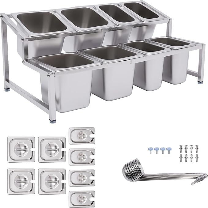 Pizza Topping Station Organizer Condiment Container Dispenser with 8 Pans & Lids, Stainless Steel Ingredients Food Container Countertop Spice Rack Shelf Holder for Seasoning Sauce Salad Jam Fruits