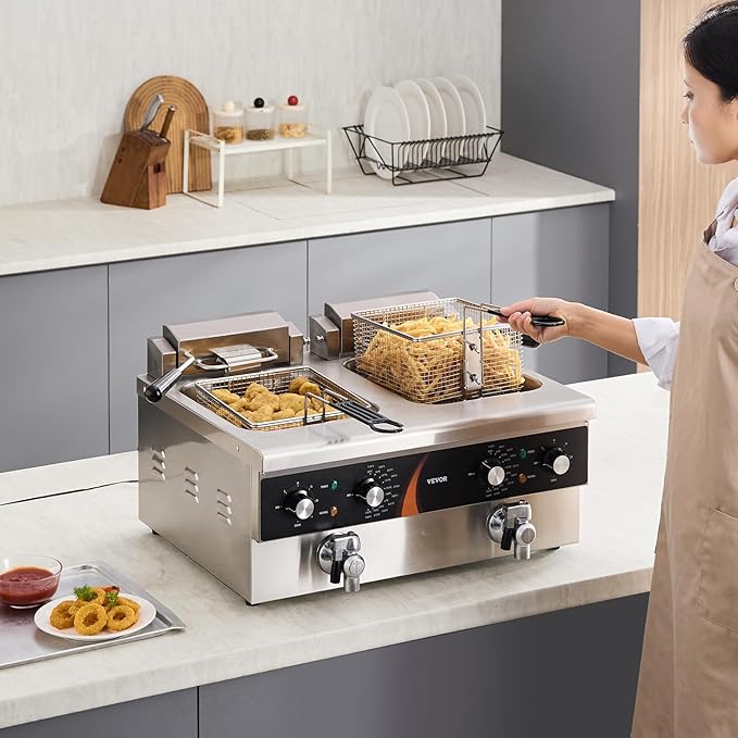 VEVOR Commercial Deep Fryer, 2 x 9Qt / 8.5L Double Oil Fryer with 2 Baskets, 1mm Thickened Stainless Steel, Dual Tank 3500W Electric Countertop Fryer， Time & Temp Control, for Kitchen Restaurant Use