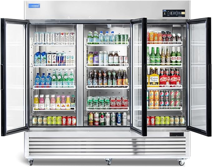 ICECASA 82" W Commercial Display Refrigerator 3 Glass Door Merchandiser Reach-in 72 Cu.ft Stainless Steel Display Refrigerator Fan Cooling for Restuarant, Bar, Shop, etc