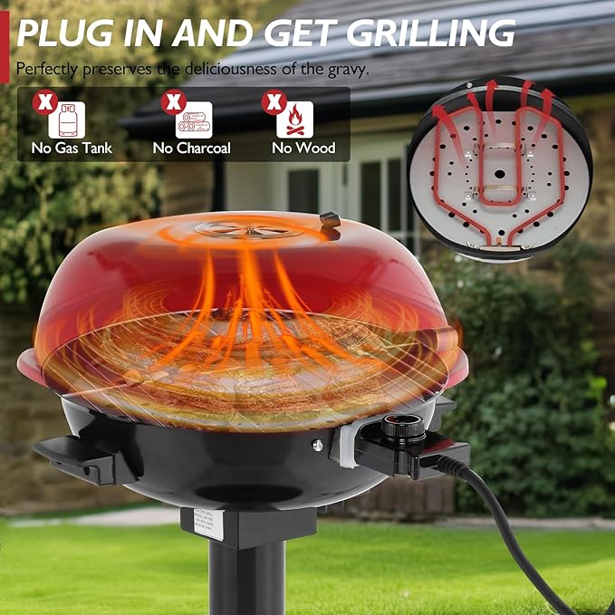 Outvita Indoor/Outdoor Electric Grill, 1600W Portable Removable Stand Grill with Double Layer Design for BBQ, Patio & Backyard (Red)
