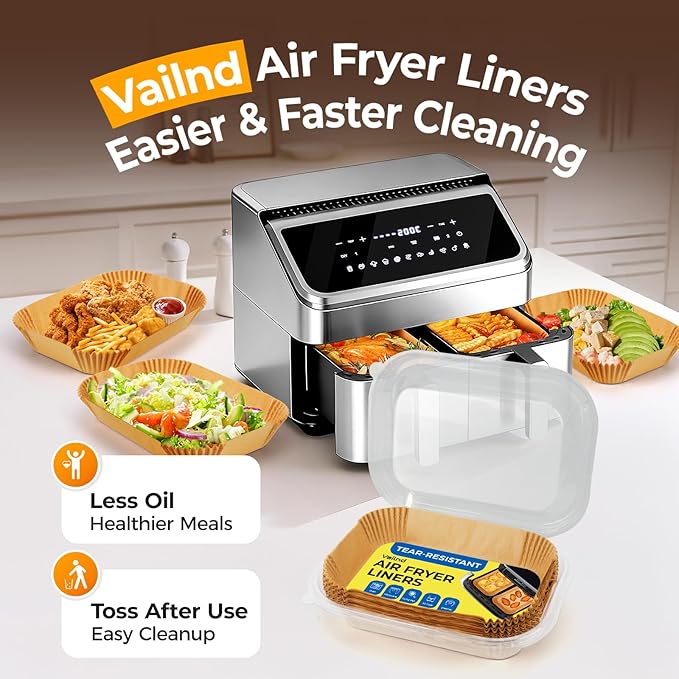 Air Fryer Liners Disposable for Dual Baskets, 200Pcs Rectangle Parchment Paper Liner for Ninja DZ201 DZ401, Chefman/COSORI 2-Basket Air Fryer, Oil Proof Baking Paper by Vailnd(8.6x5.5 Inch)