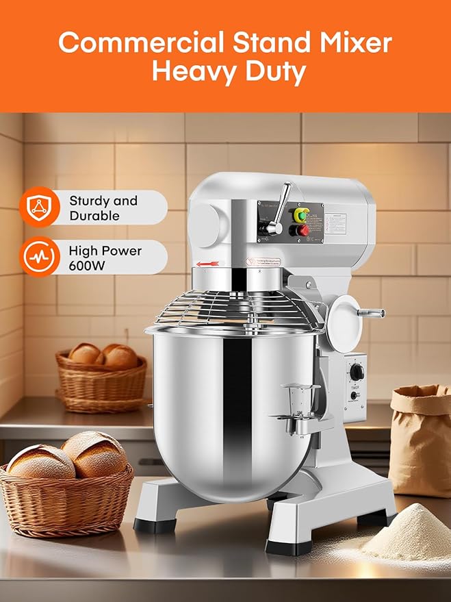 Commercial Mixer, 15/30QT Commercial Food Mixer, Dough Mixer with Stainless Steel Bowl, 3 Speeds Adjustable and Safety Guard, Dough Hook Whisk Beater Included, Ideal for Bakery Pizzeria (30QT)