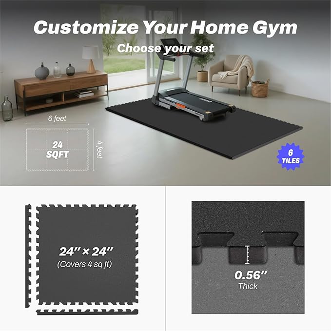 AIRHOP 0.56in Thick 24 Sq Ft Exercise Equipment Mats, 6 Tiles Upgraded Rubber Top with High Density EVA Foam, Large Interlocking Puzzle Gym Flooring for Home Gym, Heavy Weight Workout,Black