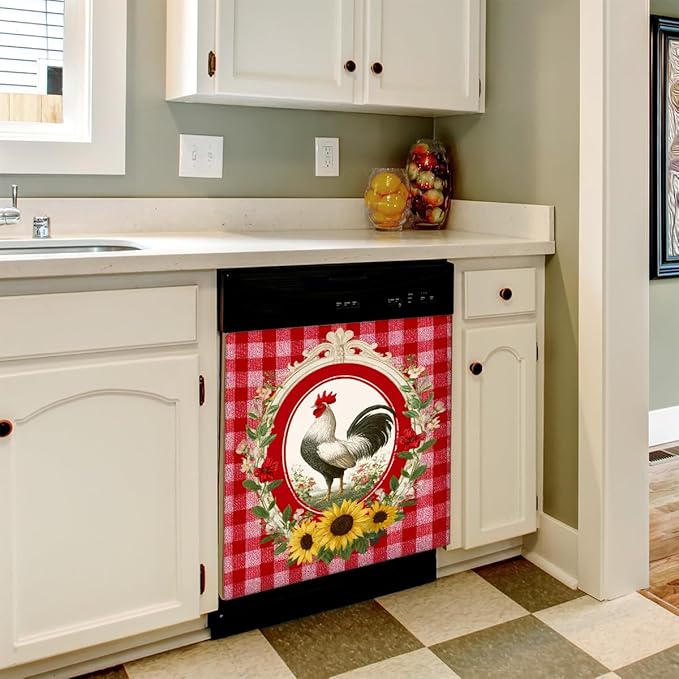 Dishwasher Magnet Cover Red Checkered Rooster Dishwasher Door Cover Panel Decals Magnetic Refrigerator Covers for Kitchen Farmhouse Home Decor 23 X 26 in