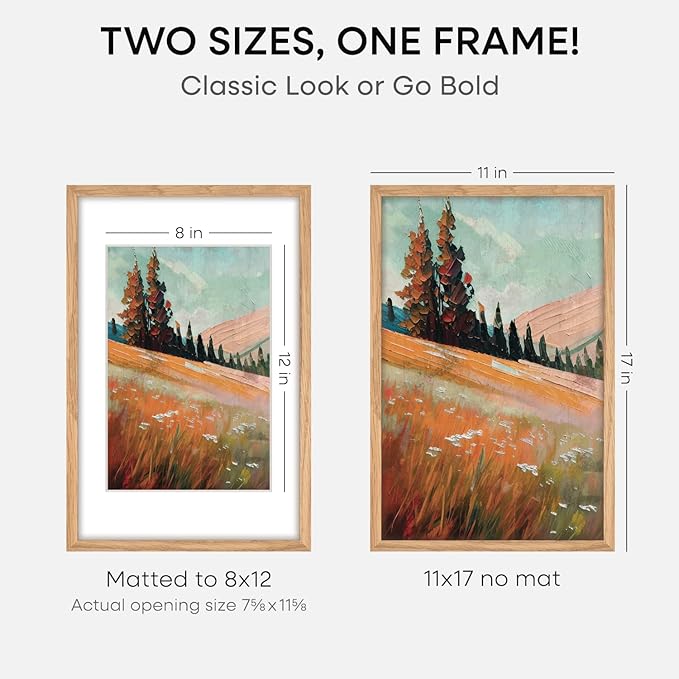Homeforia 11x17 Wood Frame, High End Natural Oak 11x17 Light Wooden Picture Frame with Mat 8x12, 11 x 17 Poster Frames Matted to 8 by 12 Photo, 17x11 Hanging Frames, Tempered Glass, Wall Kit, Set of 3