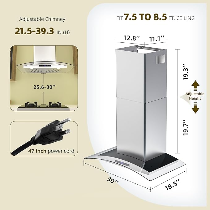 FIREGAS 30 inch Wall Mount Range Hood 600CFM with Ducted Exhaust Vent,3 Speed Fan,Soft Touch Controls,LED Lights,Permanent Filters in Stainless Steel,includes Charcoal Filter