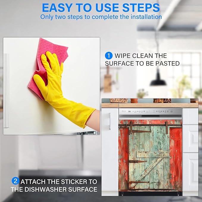 Paint Peeling Wood Door Dishwasher Decorative Cover, Vintage Barn Door Fridge Panel Decal, Dishwasher Skin Cover Sticker 23" W x 26" H Ordinary