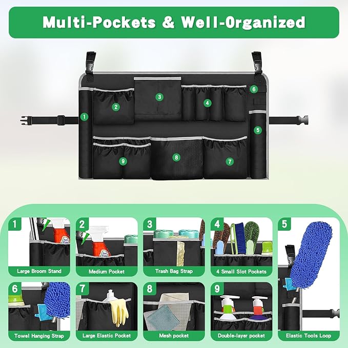 Trash Can Caddy Organizer with 10 Pockets - Cleaning Supply Holder for 32-55 Gallon Round Garbage Bins | Adjustable Strap Storage Bag for Sponges, Gloves, Spray Bottles, Cleaning Tools