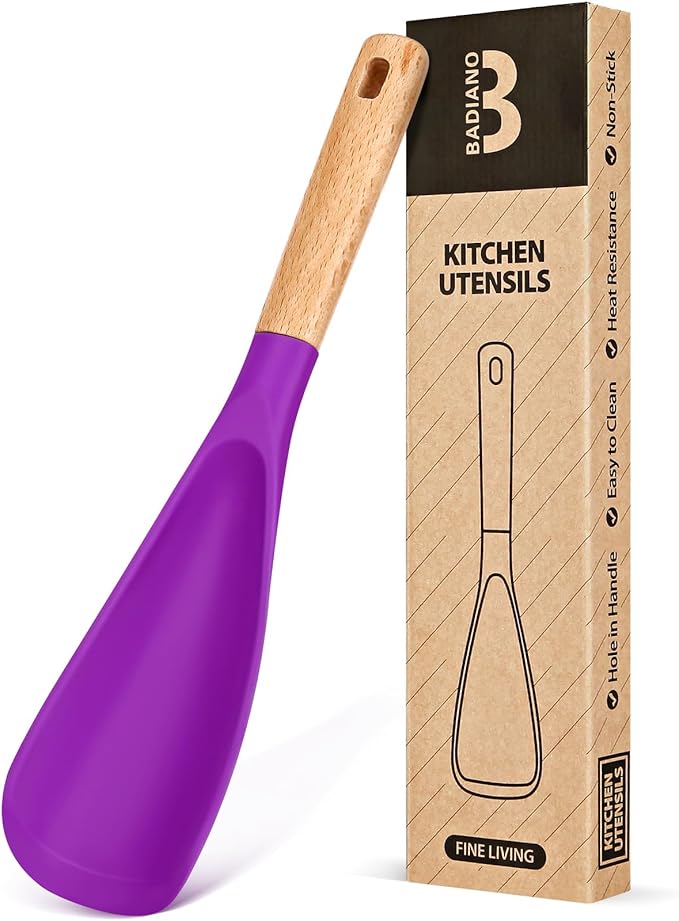 Cooking Spoon for Nonstick Cookwares, Great for Cooking and Serving Sturdy BPA-Free Matte Silicone, Wood Handle Spoon for Mixing, Scoop, and Scrape (BERRY, 11.4 inch)