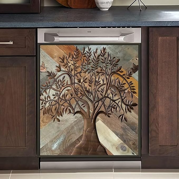 Stainless Steel Tree of Life Dishwasher Magnet Cover for Front, Wooden Door Magnetic Refrigerator Cover Skin Decor, Birds Dishwasher Panel Decal, Magnetic 23" x 26"