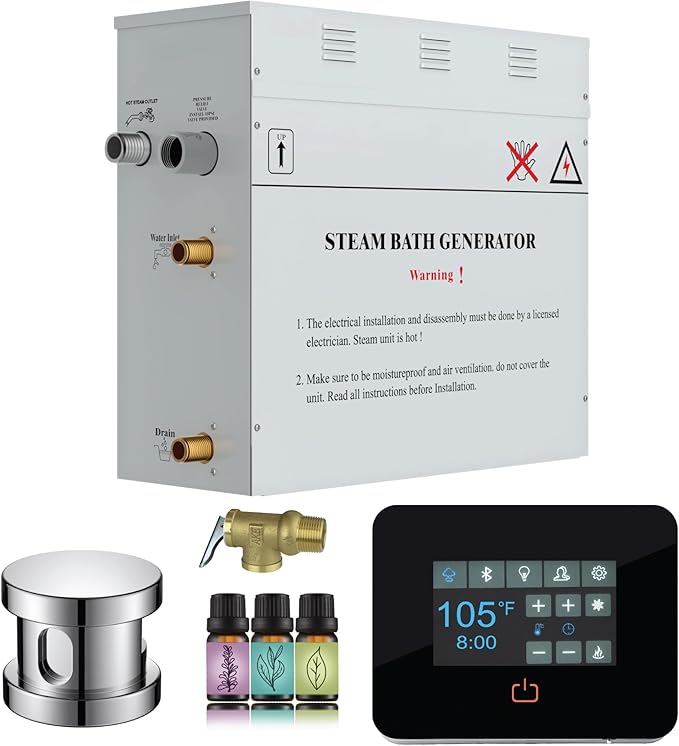 Builders Series 6kW Steam Bath Generator with Quickstart Continuous Steam, Black Digital Touch Pad, Built-in Auto-Drain, and Aroma Steamhead in Polished Chrome