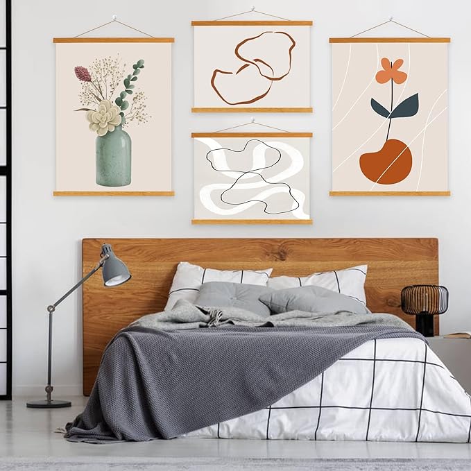 4 Pack 24x36 24x18 Poster Frame, Light Wood Wooden Magnetic Poster Hangers Frames for Photo Picutre Canvas Artwork Art Print Wall Hanging(4 Packs, 24", Teak Color)