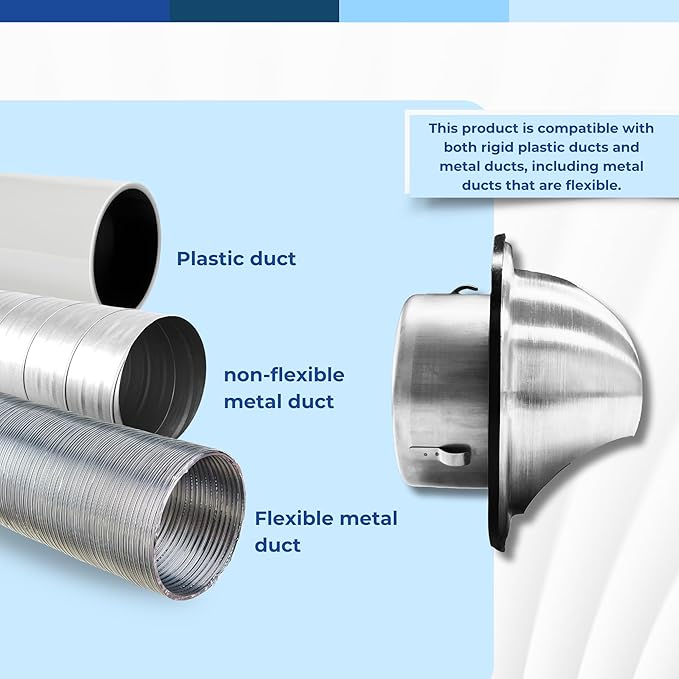 Fits 6" Neck Dryer Duct | Stainless Steel Round Air Dryer Vent Cover Hood with Rubber Seal - Rust-Resistant, Weatherproof and Efficient Airflow Exterior Wall Duct Ventilation Grille (Without Screen)