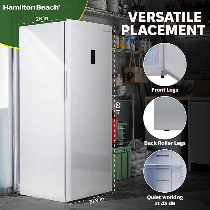 Hamilton Beach 17 cu ft Upright CONVERTIBLE Fridge/Freezer-Frost Free-Reversible Door-Removable Glass Shelves-LED Interior Light- Electronic Temperature Control, Energy Efficient, White, 17 cu. ft.