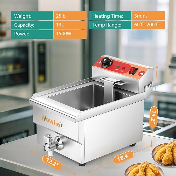 Newhai Electric Deep Fryer 13L 13.7QT Commercial Countertop Frying Machine with Basket Stainless Steel for Restaurant Home 1500W 110V