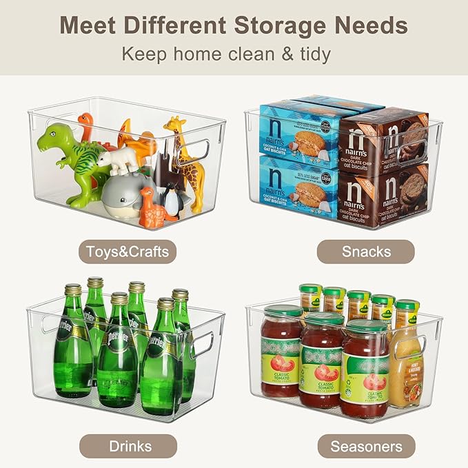 Clear Storage Bins 8 Pack for Pantry Organizers, 4 Large Plastic Pantry Organizer Bins and 4 Small Stackable Storage Containers for Kitchen Cabinet, Home Edit, Freezer Fridge Organizer