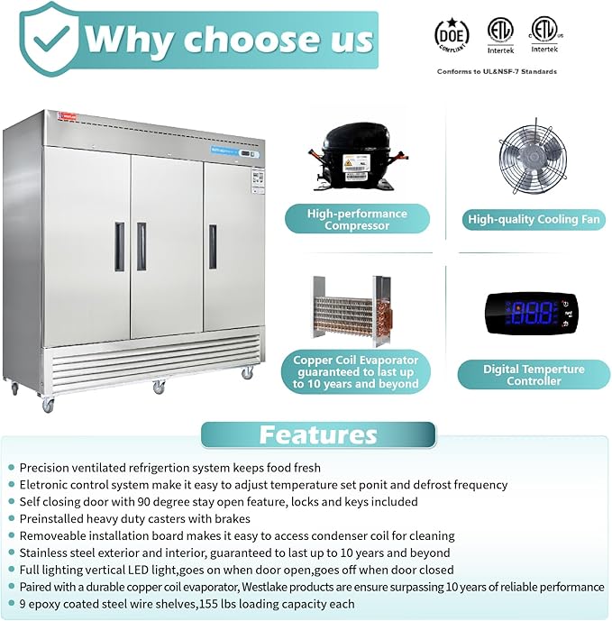 WESTLAKE Commercial Freezer 82"W 3 Door 3 Section Stainless Steel Reach-in Solid Door Upright Fan Cooling 72 Cu.ft Freezer for Restaurant, Bar, Shop, etc