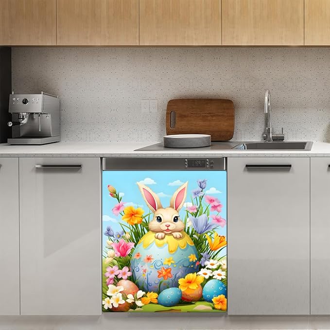 Easter Bunny Egg Bright Flower Dishwasher Magnet Cover, Reusable Refrigerator Panel Stickers Microwave Front Door Covers Magnets for Kitchen Home Appliances Holiday Party Decorations 23 X 26 in