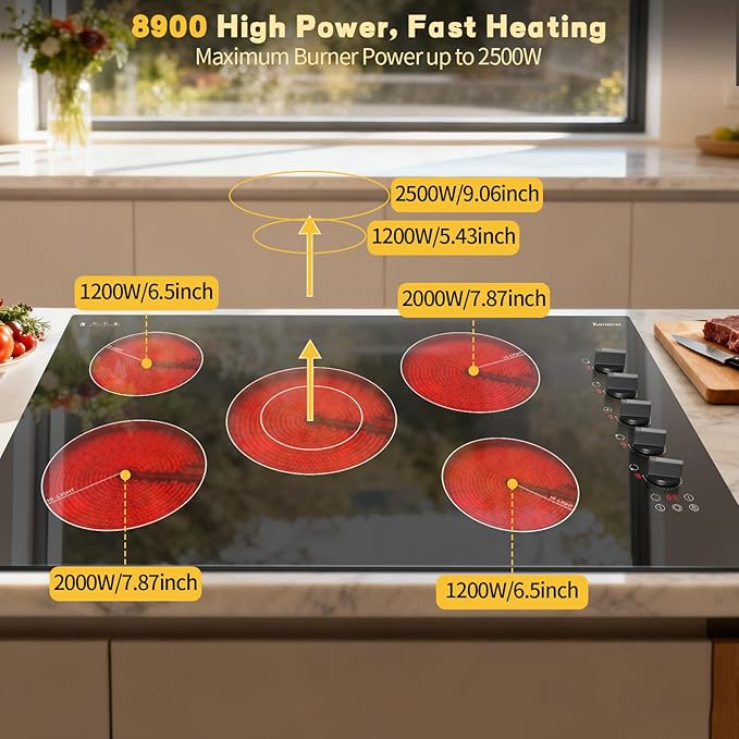 Karinear 36 Inch Electric Ceramic Cooktop, 5 Burner Radiant Electric Stove Top with Knob & Touch Control, 8900W High-Power Built-in Hob, 9 Heat Levels, 99-Min Timer, Child Lock, 240V Hardwired