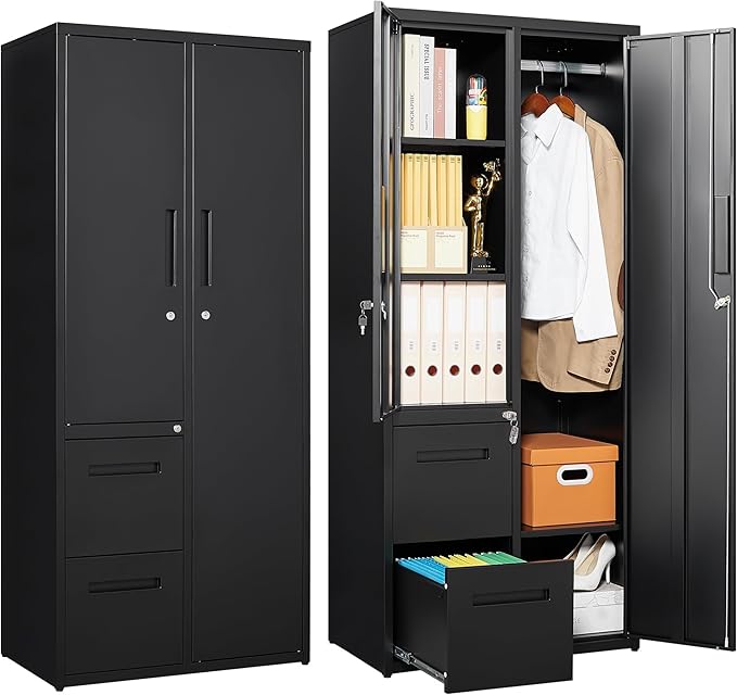 Letaya Metal Storage Cabinets with Drawers, Staff Locker with Lock Door and Shelves-Wardrobe Clothing/File/Tool Storage for Office, Home, School, Employee,Gym,Fire Department,Garage (Black)