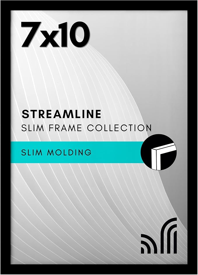 Americanflat 7x10 Picture Frame with Shatter-Resistant Glass - Streamline Collection - Thin Border Photo Frame for Tabletop and Wall Display - Hanging Hardware and Easel Stand Included - Black