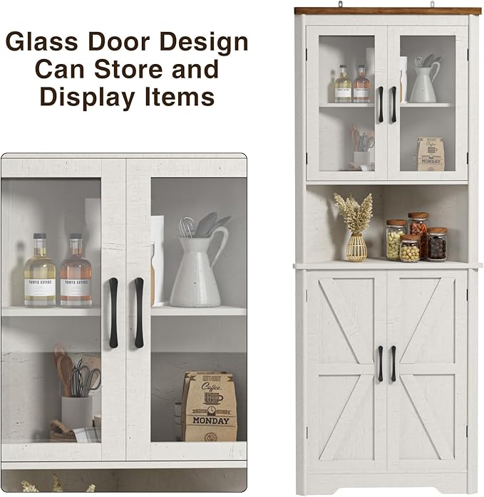 67''H Tall Corner Cabinet with 4 Tempered Glass Doors and Barn Doors, Farmhouse Storage Cabinet with 5 Adjustable Shelves, Home Pantry Hutch for Kitchen, Dining Living Room, Bathroom, Antique White