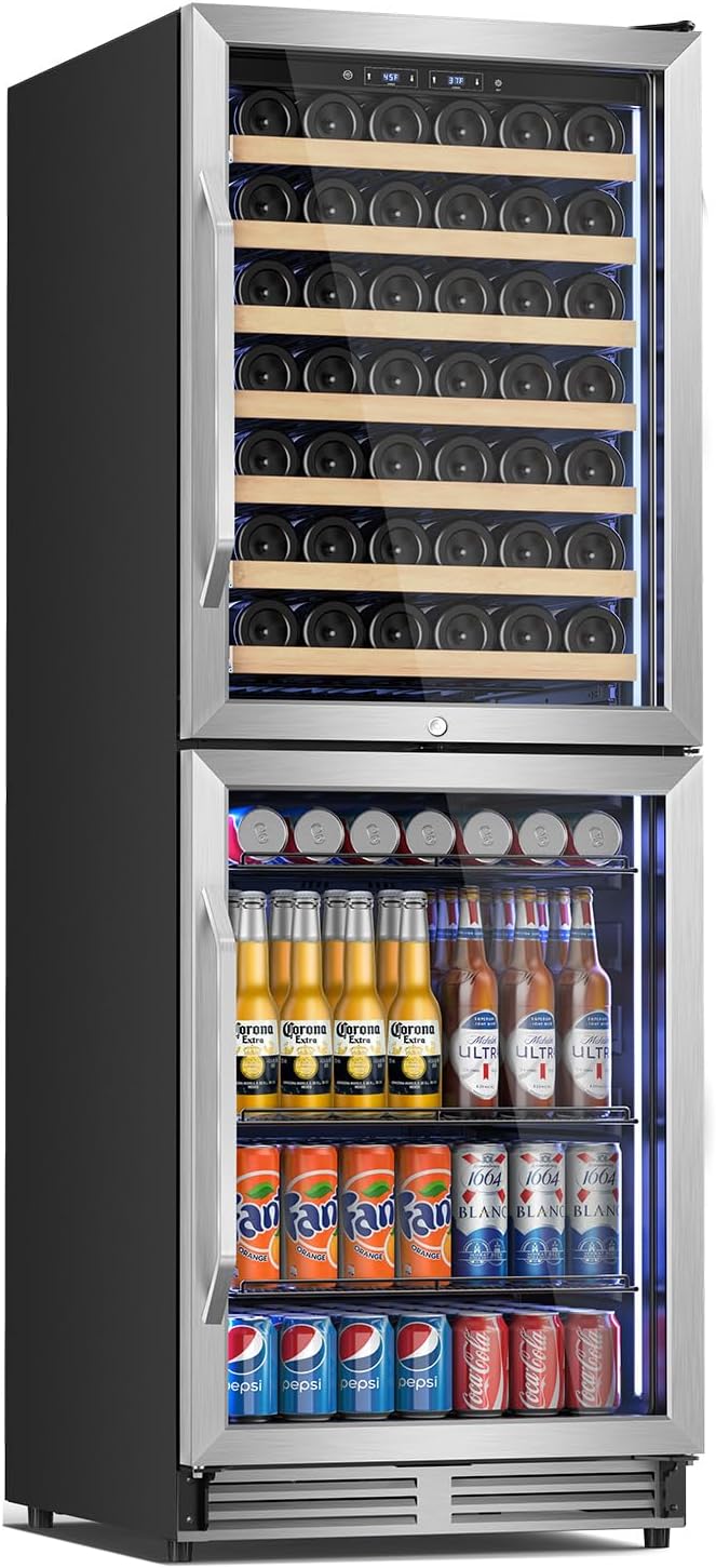 Tylza 24'' Wine and Beverage Refrigerator, Dual Zone Wine Fridge with 190 Cans and 90 Bottles, Upgraded Compressor, Low-E Tempered Glass, Safety Lock, 2 In 1 Beverage Fridge for Home or Commercial